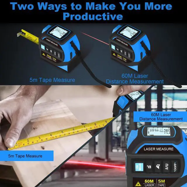 Alt view image 2 of 7 - 4-in-1 Laser Measure Tool - Digital LCD & Self-Locking, 196ft/60m Laser & 16ft/5m Tape, Cross Line & Dual-Axis Angle, Rechargeable for Pros