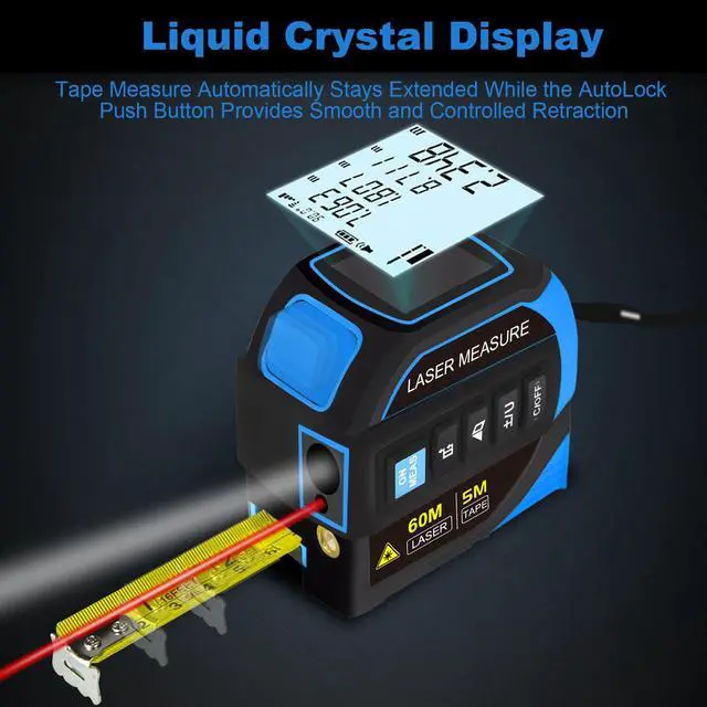 Alt view image 5 of 7 - 4-in-1 Laser Measure Tool - Digital LCD & Self-Locking, 196ft/60m Laser & 16ft/5m Tape, Cross Line & Dual-Axis Angle, Rechargeable for Pros