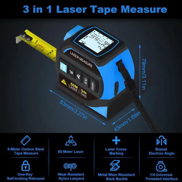 Alt view image 6 of 7 - 4-in-1 Laser Measure Tool - Digital LCD & Self-Locking, 196ft/60m Laser & 16ft/5m Tape, Cross Line & Dual-Axis Angle, Rechargeable for Pros