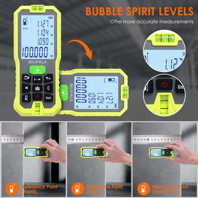 Alt view image 3 of 7 - Laser Distance Measuring Tool, 100M/328ft Laser Measure, ±2mm Accuracy Laser Distance Meters with Backlit LCD, Measuring Distance, Area, Volume, Pythagorean Mode for Indoor/Outdoor Use(Green Laser)