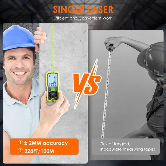 Alt view image 5 of 7 - Laser Distance Measuring Tool, 100M/328ft Laser Measure, ±2mm Accuracy Laser Distance Meters with Backlit LCD, Measuring Distance, Area, Volume, Pythagorean Mode for Indoor/Outdoor Use(Green Laser)