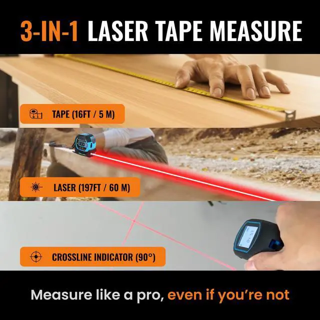 Alt view image 2 of 7 - Ruler Laser Tape Measure | Laser Distance Measurer, Heavy-Duty Tool with Cross Marking Feature, Smart Range Finder, Easy-Read Display, Ft & Metric Measurement | 196 ft | 65 yd | 60 m