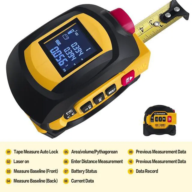 Alt view image 3 of 7 - Laser Tape Measure 3 in 1 with Laser Level Crosshairs |196ft/60m Laser Distance+16ft/5m AutoLock Tape |Backlit LCD Display (Ft/Inch/M/mm) |for DIY,Construction, Interior Design (Yellow)