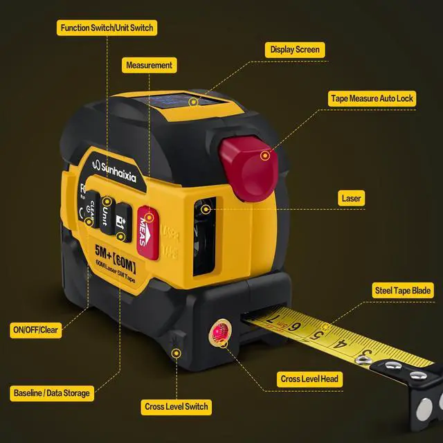 Alt view image 2 of 7 - Laser Tape Measure 3 in 1 with Laser Level Crosshairs |196ft/60m Laser Distance+16ft/5m AutoLock Tape |Backlit LCD Display (Ft/Inch/M/mm) |for DIY,Construction, Interior Design (Yellow)