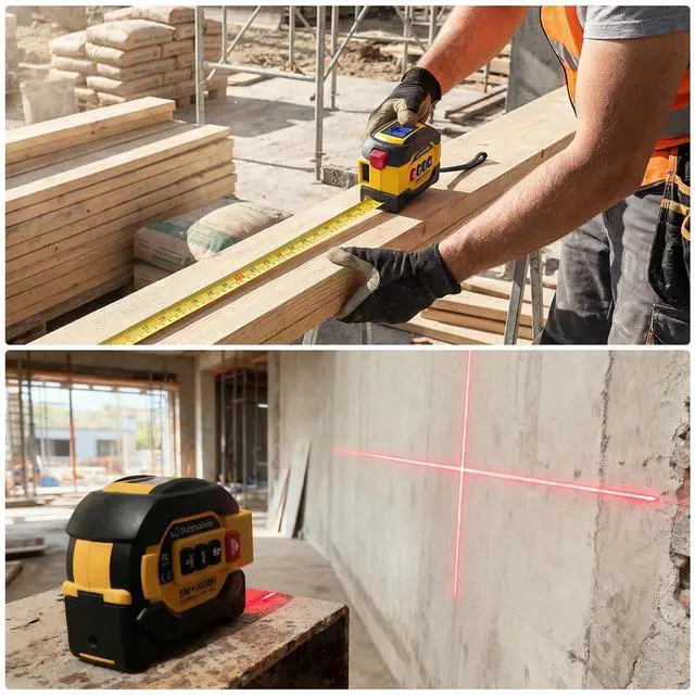 Alt view image 7 of 7 - Laser Tape Measure 3 in 1 with Laser Level Crosshairs |196ft/60m Laser Distance+16ft/5m AutoLock Tape |Backlit LCD Display (Ft/Inch/M/mm) |for DIY,Construction, Interior Design (Yellow)