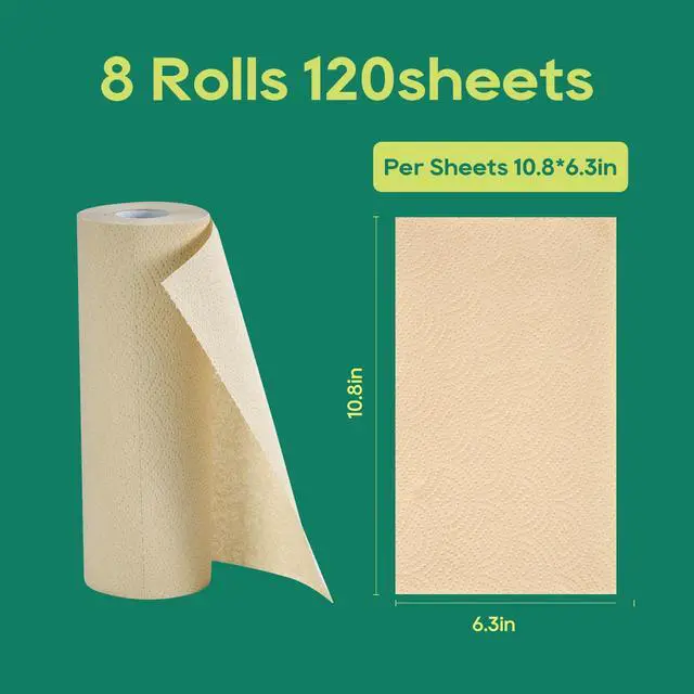 Alt view image 3 of 7 - Bamboo Paper Towels - 8 Rolls, 2 Ply 120 Sheets- Plastic Free, Tree Free, Compostable, Disposable Kitchen Paper Towels, Soft and Absorbent, PFAS Free, Nature