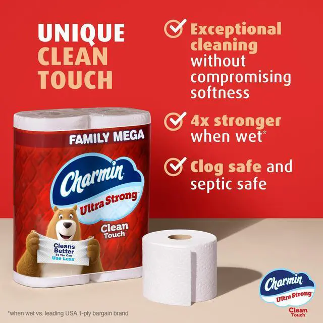 Alt view image 2 of 7 - Ultra Strong Clean Touch 2-Ply Toilet Paper, 18 Family Mega Rolls = 90 Regular Rolls, White