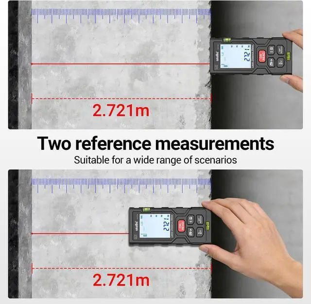 Alt view image 2 of 7 - Laser Measure 328Ft, Digital Laser Distance Meter with 2 Bubble Levels,Portable M/in/Ft Unit Switching Backlit LCD, Measuring Distance/Area/Volume/Pythagorean and Waterproof IP54 (Red Laser)