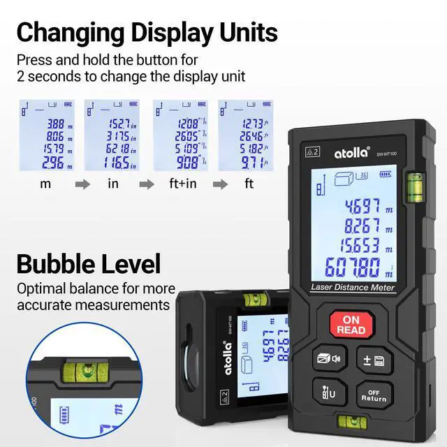 Alt view image 6 of 7 - Laser Measure 328Ft, Digital Laser Distance Meter with 2 Bubble Levels,Portable M/in/Ft Unit Switching Backlit LCD, Measuring Distance/Area/Volume/Pythagorean and Waterproof IP54 (Red Laser)