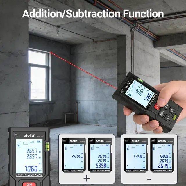 Alt view image 3 of 7 - Laser Measure 328Ft, Digital Laser Distance Meter with 2 Bubble Levels,Portable M/in/Ft Unit Switching Backlit LCD, Measuring Distance/Area/Volume/Pythagorean and Waterproof IP54 (Red Laser)