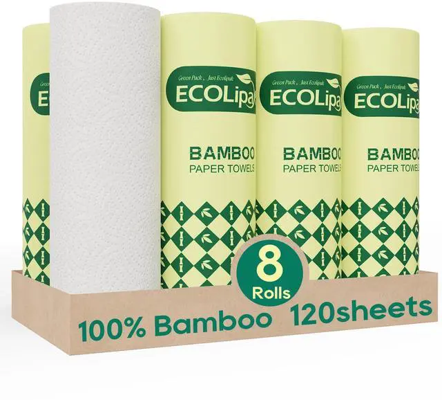 Main image of Bamboo Paper Towels - 8 Rolls, 2 Ply 120 Sheets- Plastic Free, Tree Free, Compostable, Disposable Kitchen Paper Towels, Soft and Absorbent, PFAS Free, White