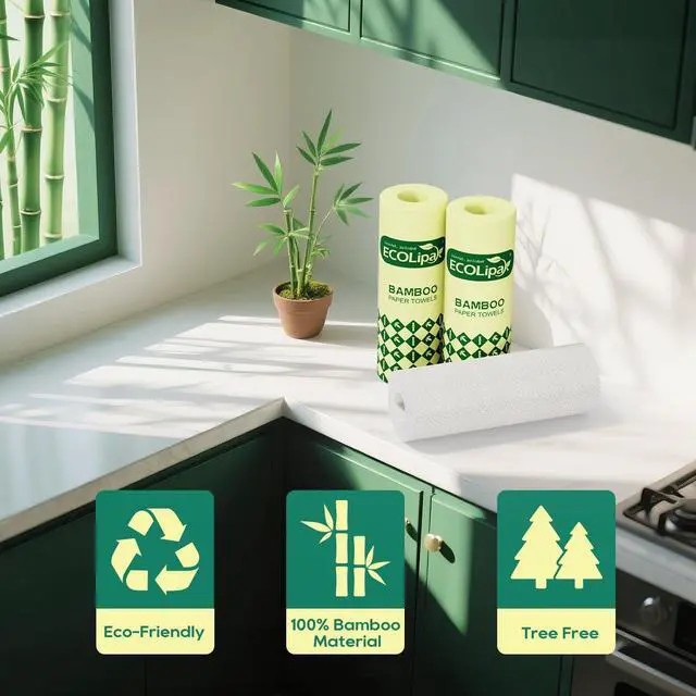 Alt view image 2 of 7 - Bamboo Paper Towels - 8 Rolls, 2 Ply 120 Sheets- Plastic Free, Tree Free, Compostable, Disposable Kitchen Paper Towels, Soft and Absorbent, PFAS Free, White