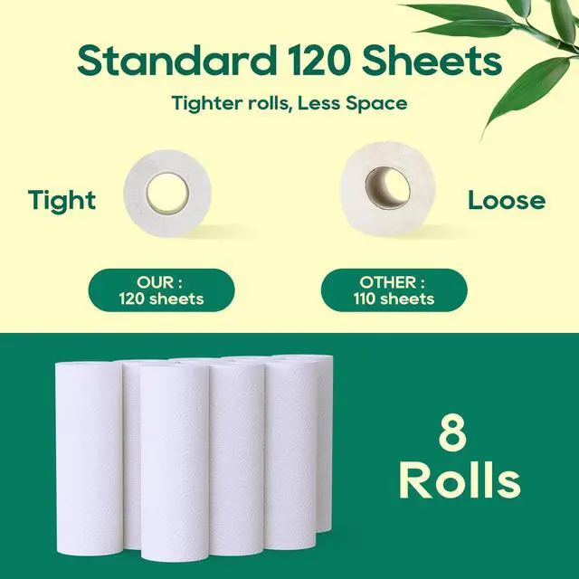 Alt view image 6 of 7 - Bamboo Paper Towels - 8 Rolls, 2 Ply 120 Sheets- Plastic Free, Tree Free, Compostable, Disposable Kitchen Paper Towels, Soft and Absorbent, PFAS Free, White