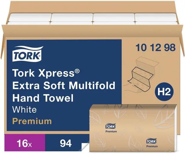 Main image of Extra Soft Multifold Hand Towels White with Blue Leaf Print, H2 Dispenser Compatible 16 Packs x 94 Towels (101298)