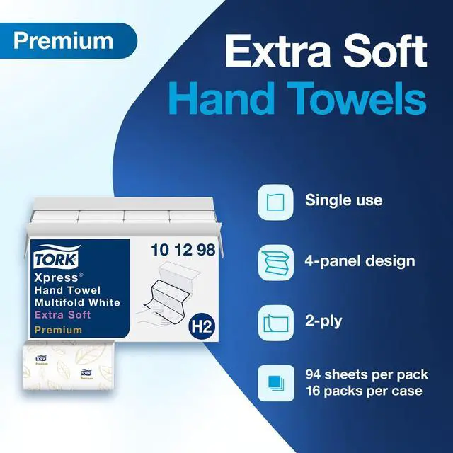 Alt view image 2 of 7 - Extra Soft Multifold Hand Towels White with Blue Leaf Print, H2 Dispenser Compatible 16 Packs x 94 Towels (101298)