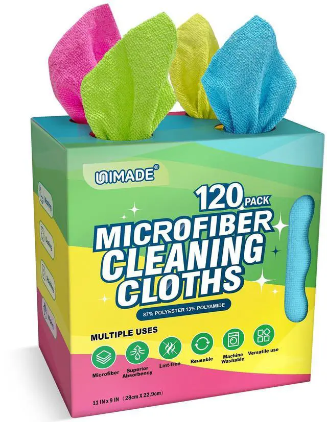Main image of Microfiber Cleaning Cloth, 120 Pack Reusable Paper Towels Microfiber Towels for Cars Lint Free Shop Rags for Home Kitchen Automotive, 11"x 9", Pink & Yellow & Green & Blue