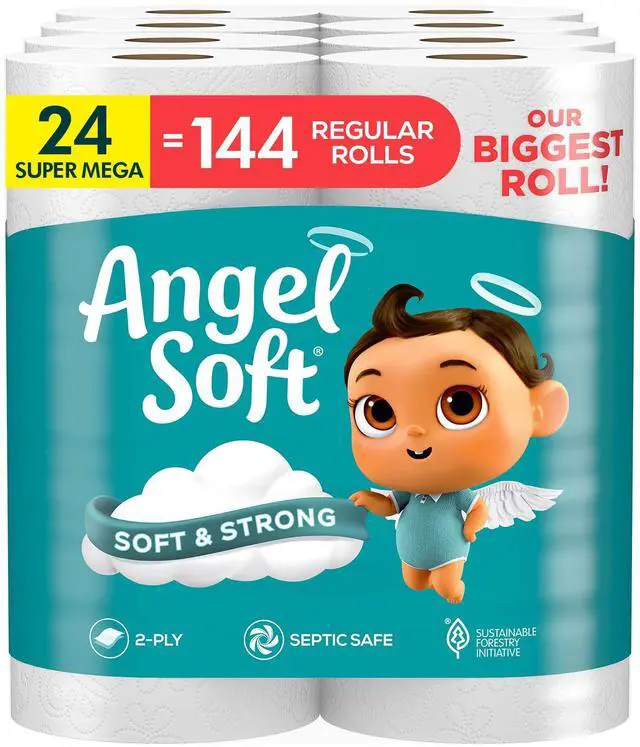 Main image of Toilet Paper, 24 Super Mega Rolls = 144 Regular Rolls, Soft and Strong Toilet Tissue