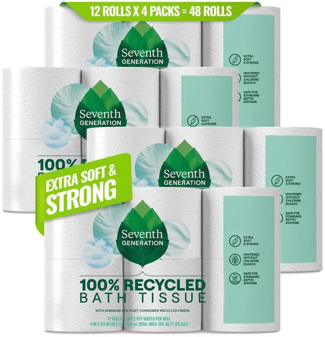 Main image of Toilet Paper, 100% Recycled 2-Ply Bath Tissue, 4 Pack x 12 Rolls of 240 Sheets, Extra Soft, Strong for Home & RV, Whitened without Chlorine Bleach, No Dyes, Fragrances, Septic Safe