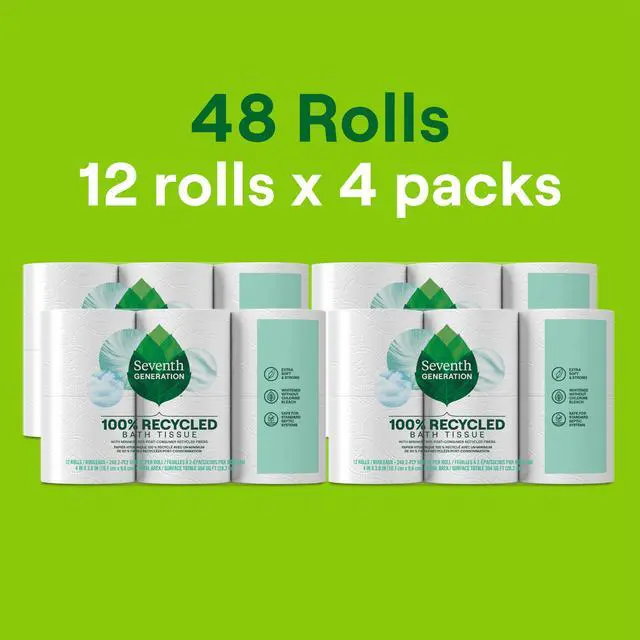 Alt view image 2 of 7 - Toilet Paper, 100% Recycled 2-Ply Bath Tissue, 4 Pack x 12 Rolls of 240 Sheets, Extra Soft, Strong for Home & RV, Whitened without Chlorine Bleach, No Dyes, Fragrances, Septic Safe