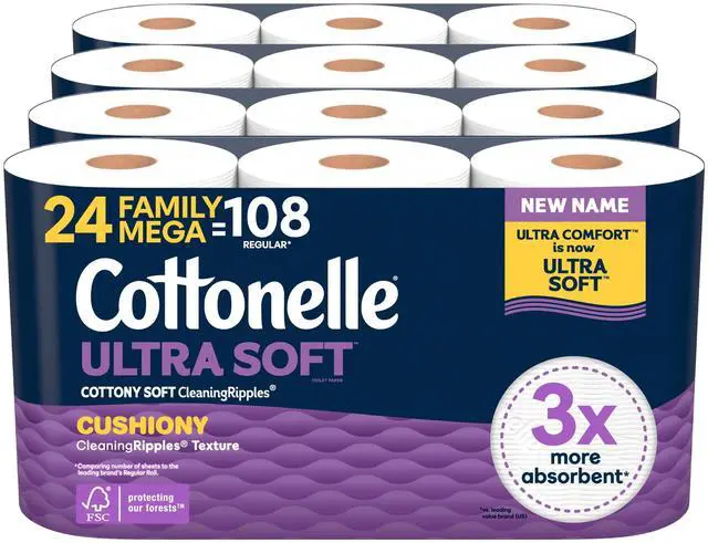 Main image of Ultra Soft Toilet Paper with Cushiony CleaningRipples Texture, Strong Bath Tissue, 24 Family Mega Rolls = 108 Regular Rolls (4 Packs of 6)