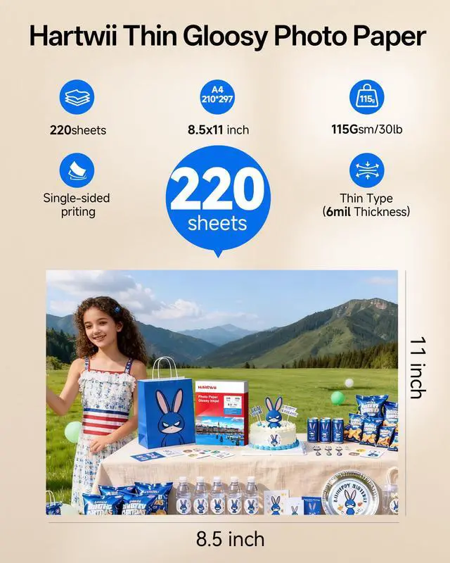 Alt view image 2 of 7 - 220 Sheets Thin Glossy Photo Paper 120gsm, 8.5x11 Inches Single Side Inkjet Printer Paper, Quick Drying for Dye Ink, Ideal for DIY Chip Bags, Flyers, Brochures, Crafts & Party Favors