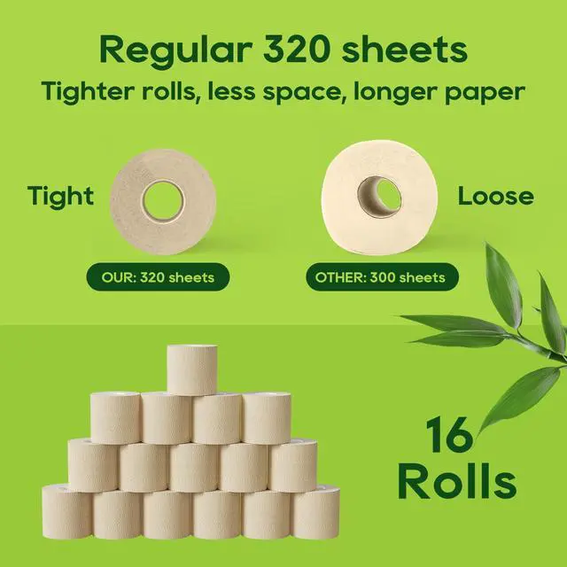 Alt view image 7 of 7 - Bamboo Toilet Paper, Septic Safe Toilet Tissue, 16 Double Rolls, 320 Sheets Per Roll, Tree Free, Non Toxic, 2 Ply, Soft and Absorbent, Eco Friendly Dye-Free Paper Nature