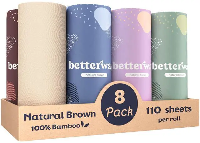 Main image of Bamboo Natural Brown Paper Towels - 8 Rolls, 2 Ply, 110 sheets - Plastic Free, PFAS Free, Disposable Kitchen Paper Towels - Select Size, Tree Free, Compostable, Strong & Absorbent