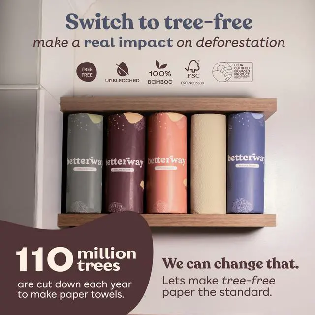 Alt view image 3 of 7 - Bamboo Natural Brown Paper Towels - 8 Rolls, 2 Ply, 110 sheets - Plastic Free, PFAS Free, Disposable Kitchen Paper Towels - Select Size, Tree Free, Compostable, Strong & Absorbent