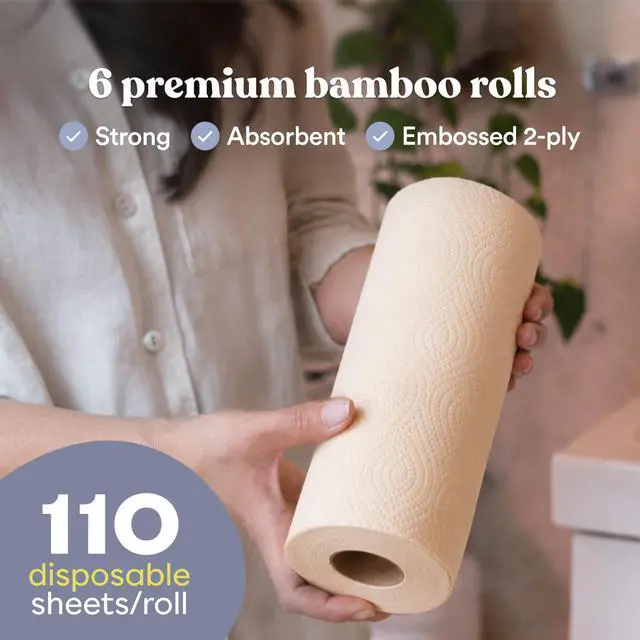 Alt view image 4 of 7 - Bamboo Natural Brown Paper Towels - 8 Rolls, 2 Ply, 110 sheets - Plastic Free, PFAS Free, Disposable Kitchen Paper Towels - Select Size, Tree Free, Compostable, Strong & Absorbent