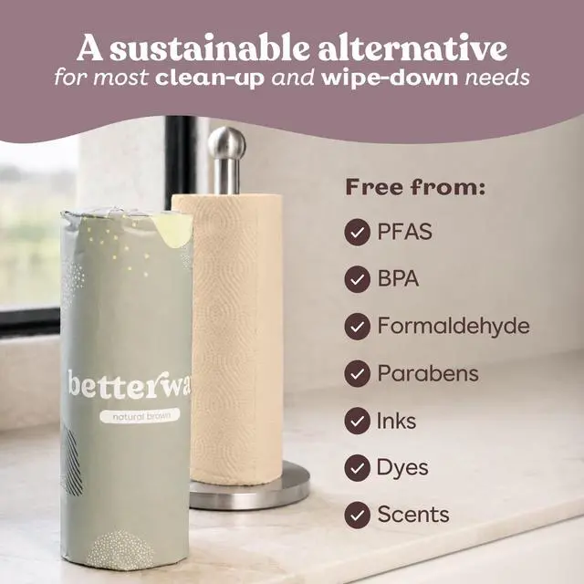 Alt view image 5 of 7 - Bamboo Natural Brown Paper Towels - 8 Rolls, 2 Ply, 110 sheets - Plastic Free, PFAS Free, Disposable Kitchen Paper Towels - Select Size, Tree Free, Compostable, Strong & Absorbent