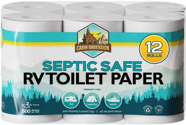 Main image of RV Toilet Paper - 12 Pack Septic Safe Toilet Paper 2-Ply Quick Dissolving Camper Tissue Paper Septic Safe to Prevent Clogs - Perfect for Automotive RVs, Septic Tank Systems, Boats, and Camping
