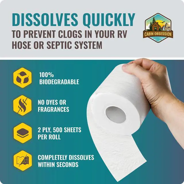 Alt view image 2 of 7 - RV Toilet Paper - 12 Pack Septic Safe Toilet Paper 2-Ply Quick Dissolving Camper Tissue Paper Septic Safe to Prevent Clogs - Perfect for Automotive RVs, Septic Tank Systems, Boats, and Camping