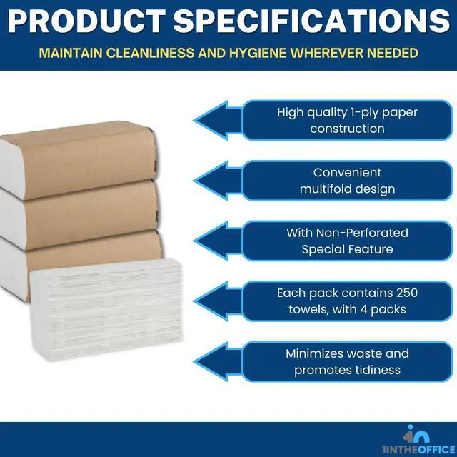 Alt view image 6 of 6 - Multifold Paper Towels, Paper Hand Towels for Bathroom, Folded Paper Towels, 1-Ply, 9" x 9.45", 250 Towels/Pack, 4 Pack