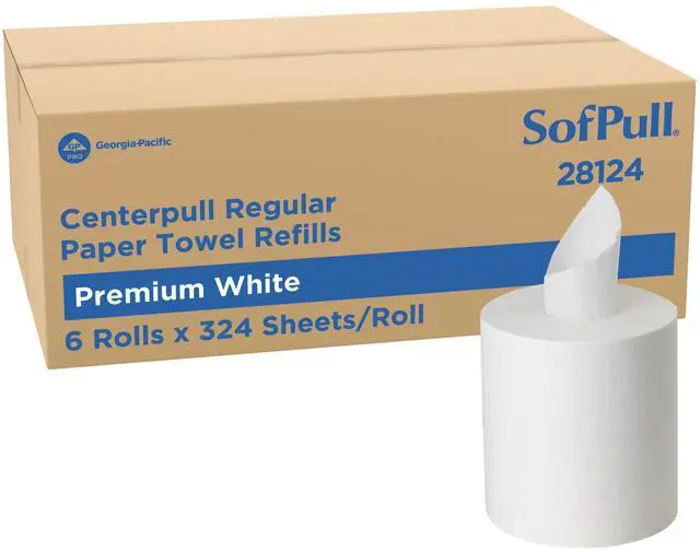 Main image of SofPull Centerpull Regular by Georgia-Pacific PRO Premium Paper Towel Dispenser Refills, White, 324 Sheets Per Roll, 6 Rolls Per Case, 28124
