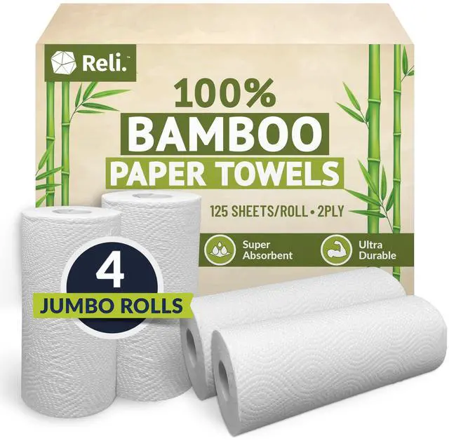 Main image of Bamboo Paper Towels (4 Pack, Jumbo) | Paper Towels Rolls 2 Ply | 125 Sheets/Roll, Full Size Sheets | Unbleached, Organic Rolls for Kitchen, Bathroom | 100% Bamboo