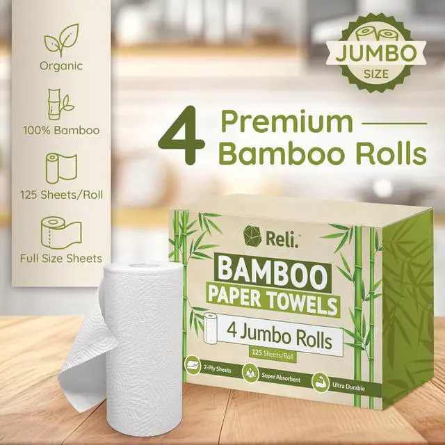Alt view image 2 of 7 - Bamboo Paper Towels (4 Pack, Jumbo) | Paper Towels Rolls 2 Ply | 125 Sheets/Roll, Full Size Sheets | Unbleached, Organic Rolls for Kitchen, Bathroom | 100% Bamboo