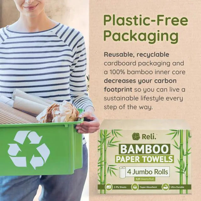 Alt view image 6 of 7 - Bamboo Paper Towels (4 Pack, Jumbo) | Paper Towels Rolls 2 Ply | 125 Sheets/Roll, Full Size Sheets | Unbleached, Organic Rolls for Kitchen, Bathroom | 100% Bamboo