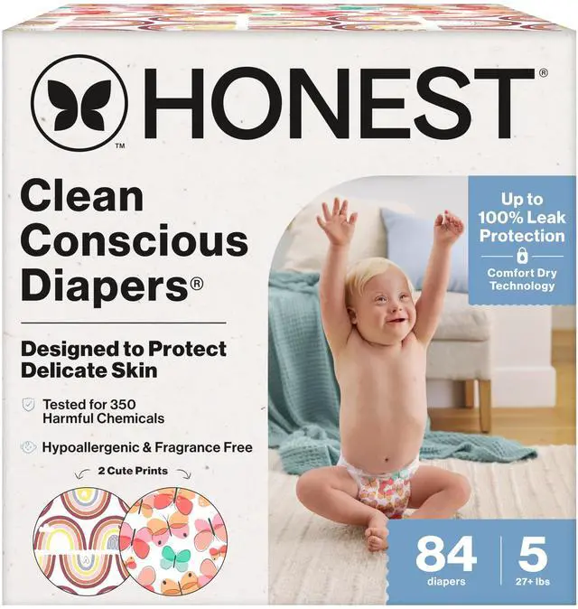 Main image of Comfort Dry Disposable Daytime Diapers, Hypoallergenic, Fragrance-Free, Sensitive Skin, Wingin' It + Catching Rainbows, Super Club Box Size 5 (27+ lbs), 84 Count