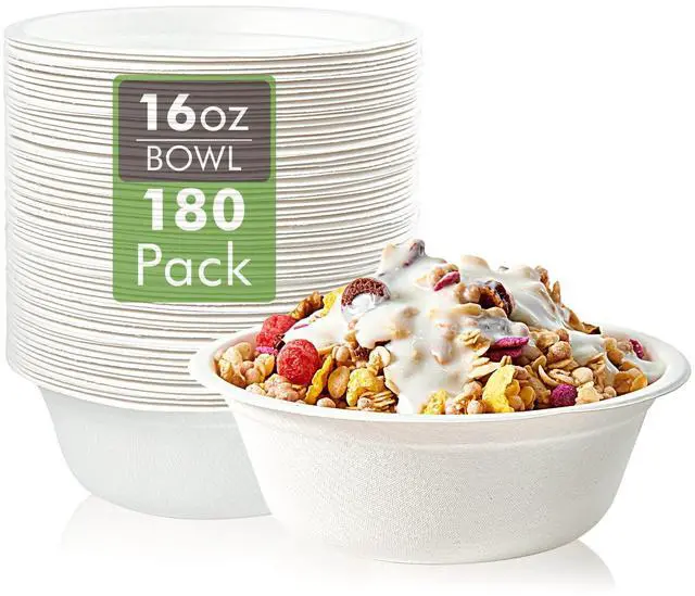 Main image of 180 Pack 16 OZ Paper Bowls, Disposable Compostable Bulk, Eco-friendly Bagasse, Heavy-duty Bowls Perfect for Milk Cereals, Snacks, Salads