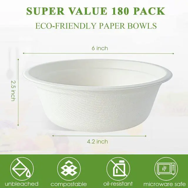 Alt view image 3 of 7 - 180 Pack 16 OZ Paper Bowls, Disposable Compostable Bulk, Eco-friendly Bagasse, Heavy-duty Bowls Perfect for Milk Cereals, Snacks, Salads
