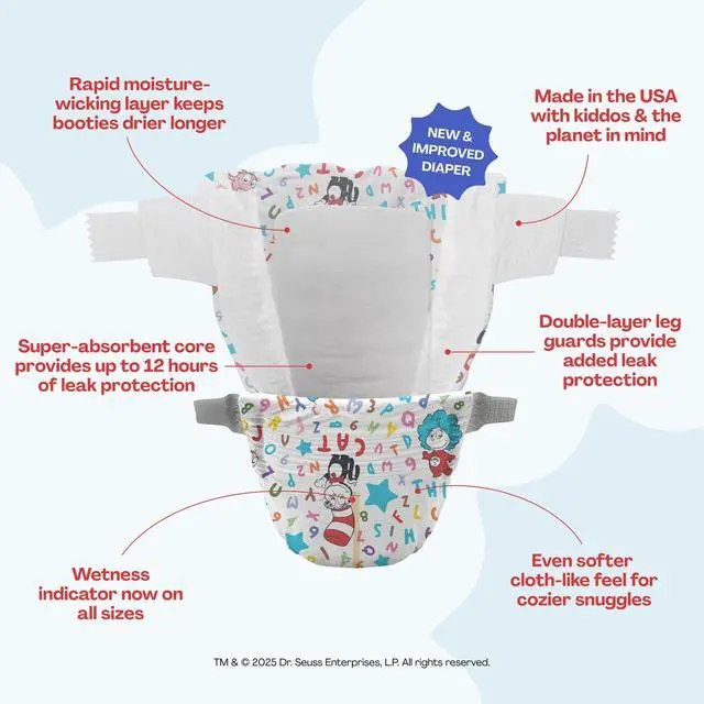 Alt view image 5 of 7 - Dr. Seuss Babies Premium Diapers, Size 5, 48 Count: Softness & Protection for Sensitive Skin