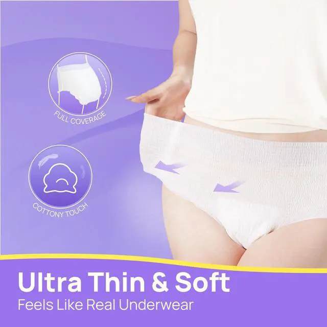Alt view image 2 of 7 - Ultra Thin Incontinence Underwear for Women, High Absorbency & Super Soft Postpartum Diapers, Disposable Adult Pull Ups, Unscented, Small/Medium, 20 Count