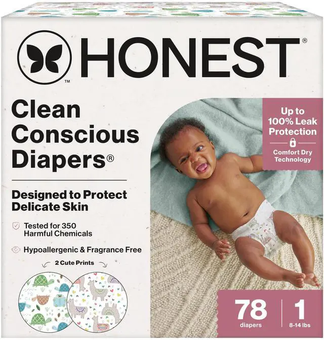 Main image of Comfort Dry Disposable Daytime Diapers for Sensitive Skin, Hypoallergenic, All the Alpacas + Turtle Time, Club Box Size 1 (8-14 lbs) 78 Count