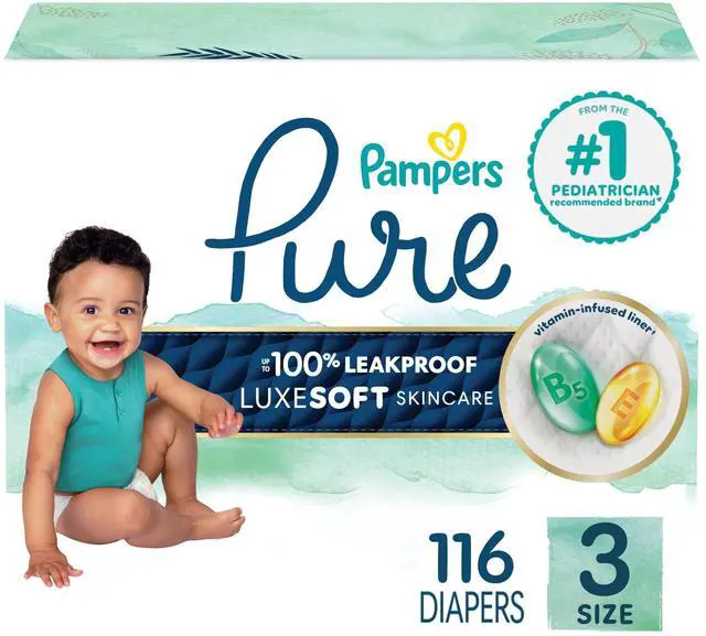 Main image of Pure Baby Diapers, Size 3 (16-28 lbs), 116, Up to 100% Leakproof, Premium Hypoallergenic Soft Diapers