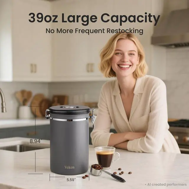 Alt view image 2 of 7 - Coffee Canister, 39OZ Large,Airtight Stainless Steel Food Storage Container for 2.2lbs Beans,Ground,Sugar,Espresso,Rice,Tea,Flour,Cereal,Cookie,Lids,Jars,Gifts,Scoop,Kitchen Bar Accessories,Gray