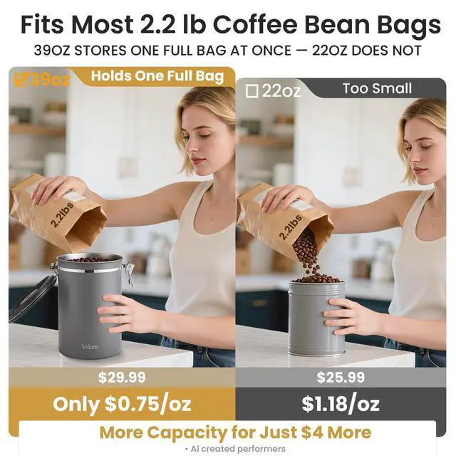 Alt view image 3 of 7 - Coffee Canister, 39OZ Large,Airtight Stainless Steel Food Storage Container for 2.2lbs Beans,Ground,Sugar,Espresso,Rice,Tea,Flour,Cereal,Cookie,Lids,Jars,Gifts,Scoop,Kitchen Bar Accessories,Gray