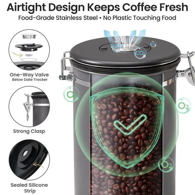 Alt view image 4 of 7 - Coffee Canister, 39OZ Large,Airtight Stainless Steel Food Storage Container for 2.2lbs Beans,Ground,Sugar,Espresso,Rice,Tea,Flour,Cereal,Cookie,Lids,Jars,Gifts,Scoop,Kitchen Bar Accessories,Gray