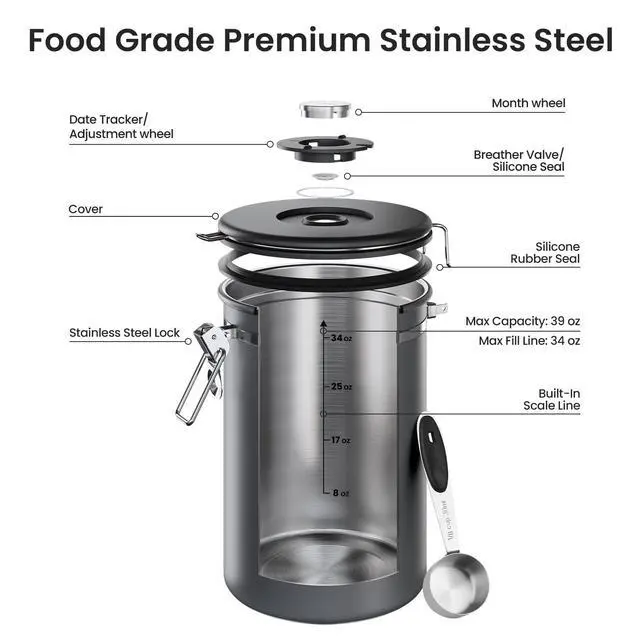 Alt view image 6 of 7 - Coffee Canister, 39OZ Large,Airtight Stainless Steel Food Storage Container for 2.2lbs Beans,Ground,Sugar,Espresso,Rice,Tea,Flour,Cereal,Cookie,Lids,Jars,Gifts,Scoop,Kitchen Bar Accessories,Gray