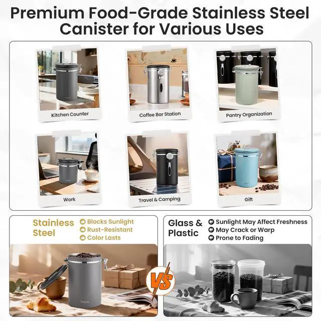 Alt view image 5 of 7 - Coffee Canister, 39OZ Large,Airtight Stainless Steel Food Storage Container for 2.2lbs Beans,Ground,Sugar,Espresso,Rice,Tea,Flour,Cereal,Cookie,Lids,Jars,Gifts,Scoop,Kitchen Bar Accessories,Gray