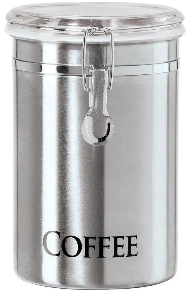 Main image of Stainless Steel Coffee Canister 62 fl oz - Airtight Clamp Lid, Clear See-Thru Top - Ideal for Coffee Bean Storage, Ground Coffee Storage, Kitchen Storage, Pantry Storage. Large Size 5" x 7.5".